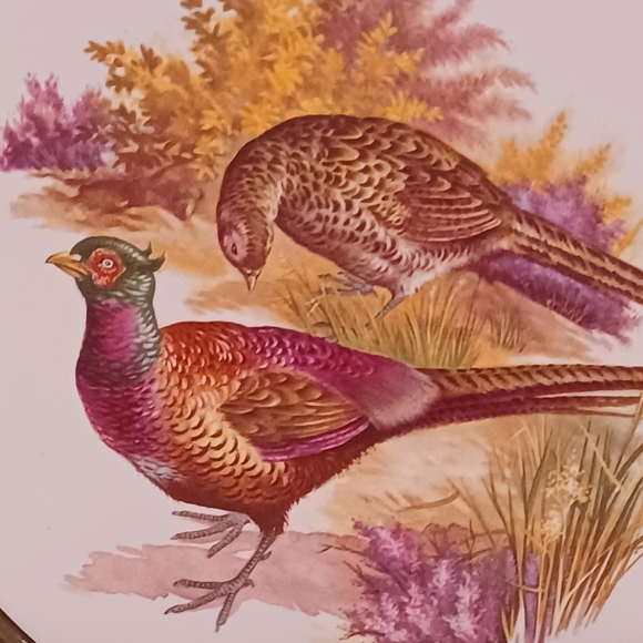 Vintage Pair of Brass and Ceramic Wall Plates Duck and Grouse Ceramic Centers - Picture 7 of 7